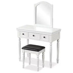 Conjunto de mesa tocador Costway, escritorio de maquillaje, taburete acolchado, 3 cajones y espejo grande, blanco/ nogal