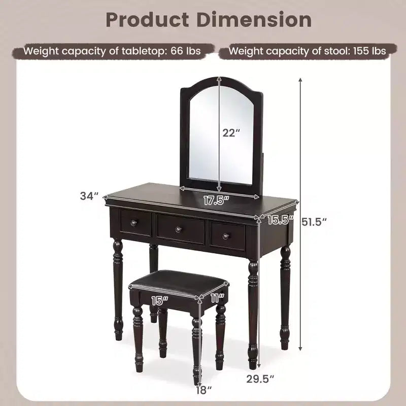 Conjunto de mesa tocador Costway, escritorio de maquillaje, taburete acolchado, 3 cajones y espejo grande, blanco/ nogal