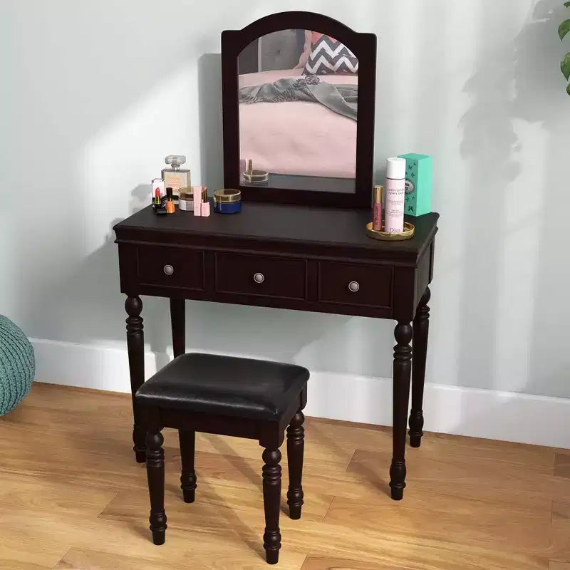 Conjunto de mesa tocador Costway, escritorio de maquillaje, taburete acolchado, 3 cajones y espejo grande, blanco/ nogal
