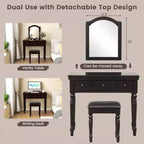 Conjunto de mesa tocador Costway, escritorio de maquillaje, taburete acolchado, 3 cajones y espejo grande, blanco/ nogal