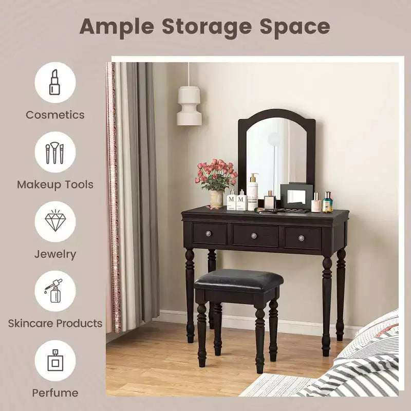 Conjunto de mesa tocador Costway, escritorio de maquillaje, taburete acolchado, 3 cajones y espejo grande, blanco/ nogal
