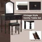 Conjunto de mesa tocador Costway, escritorio de maquillaje, taburete acolchado, 3 cajones y espejo grande, blanco/ nogal