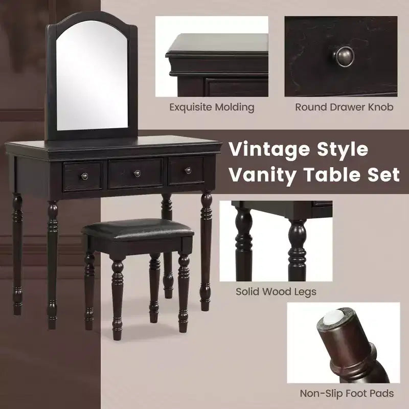 Conjunto de mesa tocador Costway, escritorio de maquillaje, taburete acolchado, 3 cajones y espejo grande, blanco/ nogal