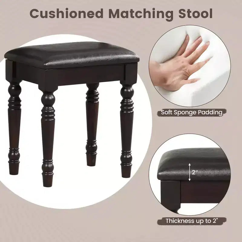 Conjunto de mesa tocador Costway, escritorio de maquillaje, taburete acolchado, 3 cajones y espejo grande, blanco/ nogal