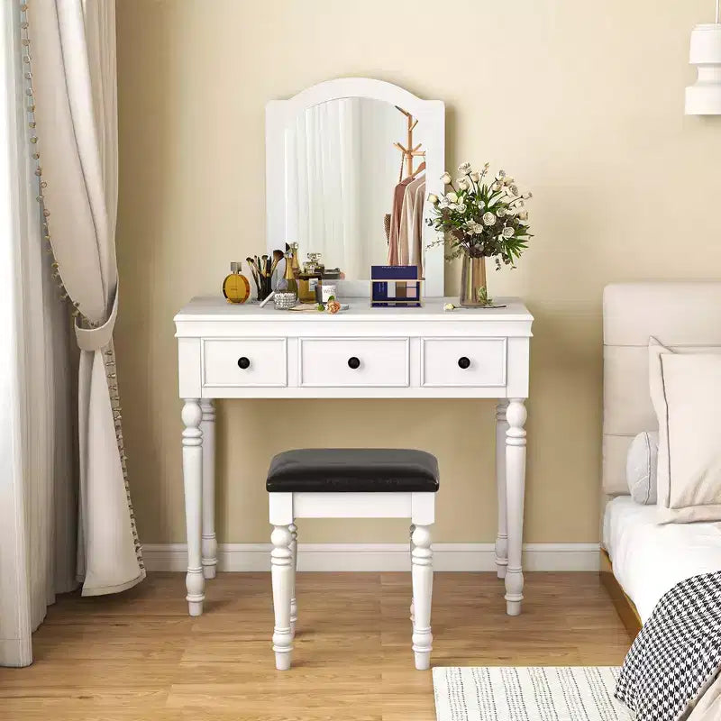 Conjunto de mesa tocador Costway, escritorio de maquillaje, taburete acolchado, 3 cajones y espejo grande, blanco/ nogal