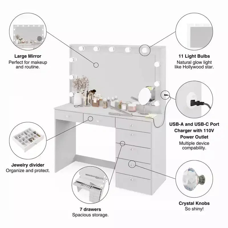 Nuit Lighted Makeup Vanity with Knobs - Boahaus