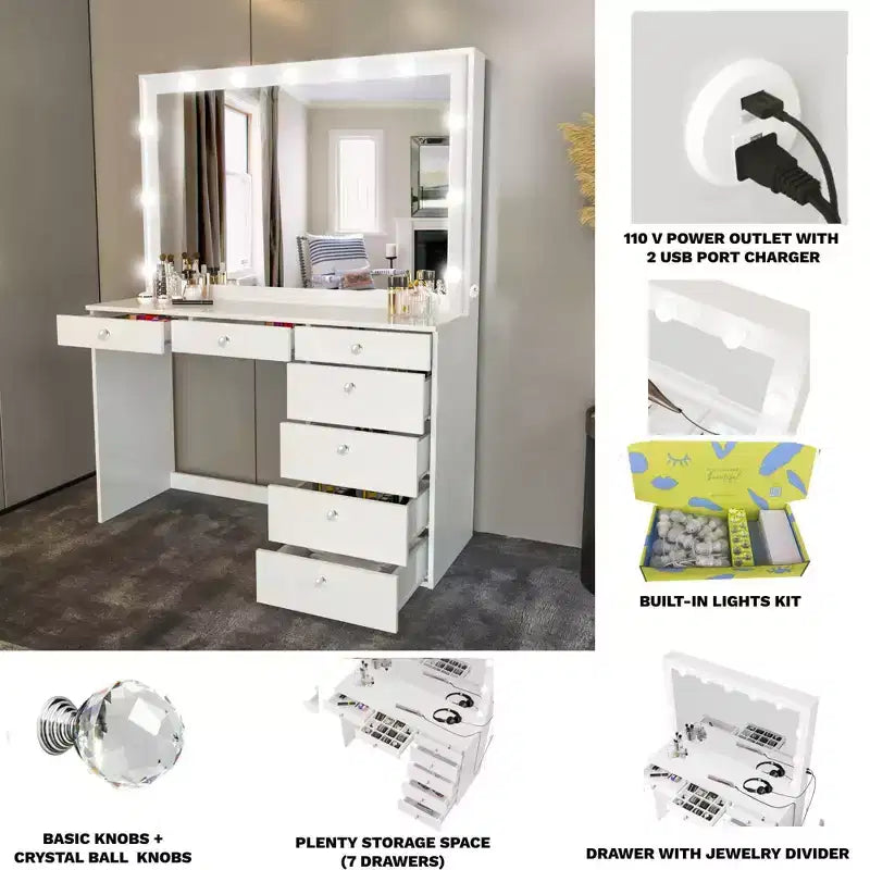 Nuit Lighted Makeup Vanity with Knobs - Boahaus