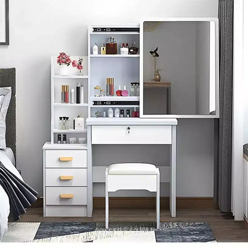 34.8W Vanity Table with 4 Drawers and Chair, Vanity Mirror with 3-Colors LED Light for Makeup, White 4W - ModernLuxe