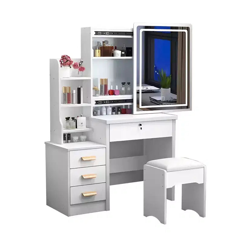 34.8W Vanity Table with 4 Drawers and Chair, Vanity Mirror with 3-Colors LED Light for Makeup, White 4W - ModernLuxe