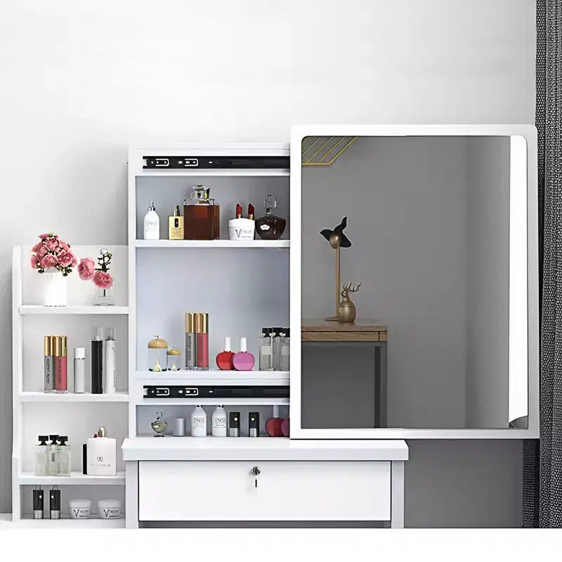 34.8W Vanity Table with 4 Drawers and Chair, Vanity Mirror with 3-Colors LED Light for Makeup, White 4W - ModernLuxe