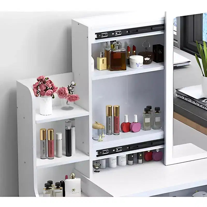 34.8W Vanity Table with 4 Drawers and Chair, Vanity Mirror with 3-Colors LED Light for Makeup, White 4W - ModernLuxe