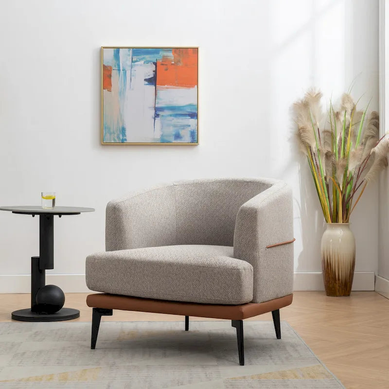 Fauteuil baquet moderne en tissu bicolore, fauteuil rembourré à accoudoirs arrondis pour le salon, la chambre ou la salle de lecture, orange brûlé