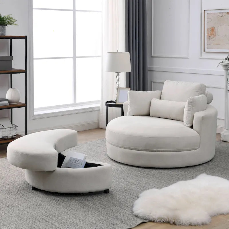 Silla decorativa moderna giratoria tipo barril Welike, sofá lounge gris, sillón club grande y redondo con otomana de almacenamiento