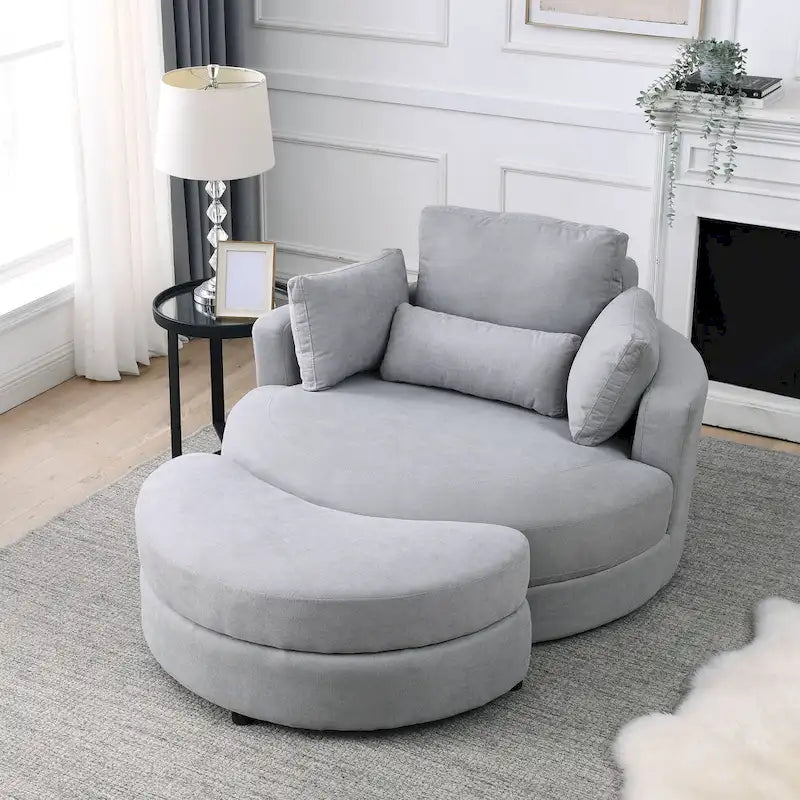Welike Moderner grauer Dreh-Akzentsessel im Fassdesign, großes rundes Lounge-Clubsofa mit Aufbewahrungshocker