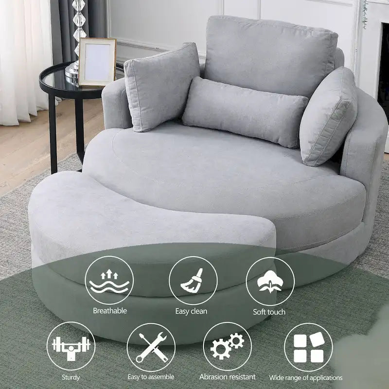 Welike Moderner grauer Dreh-Akzentsessel im Fassdesign, großes rundes Lounge-Clubsofa mit Aufbewahrungshocker
