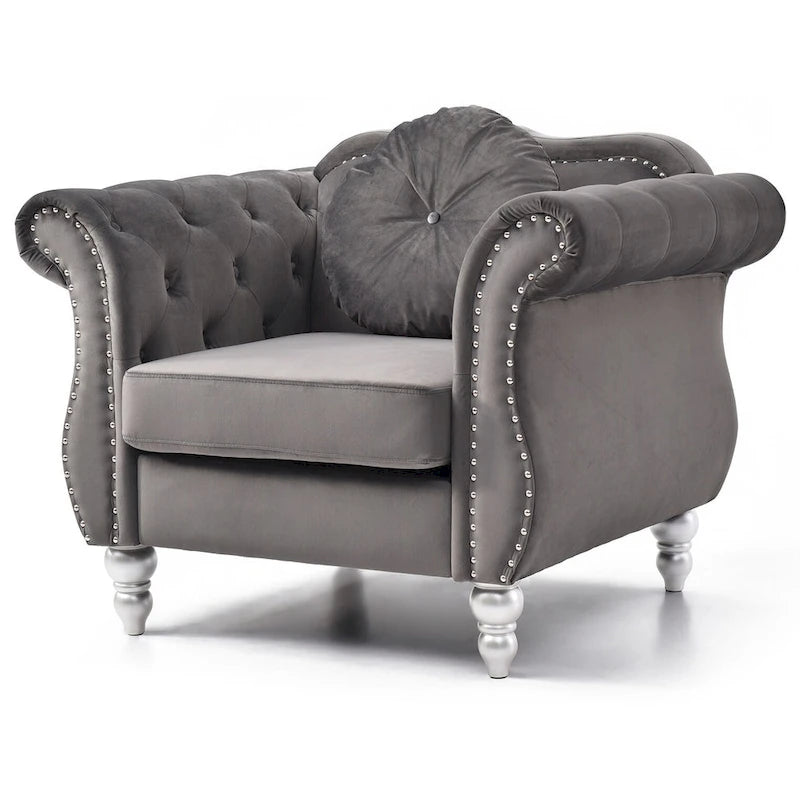 Yuvarlak dekoratif yastıklı Hollywood Chesterfield düğme kapitone kadife vurgulu sandalye - 39L x 35W x 34H