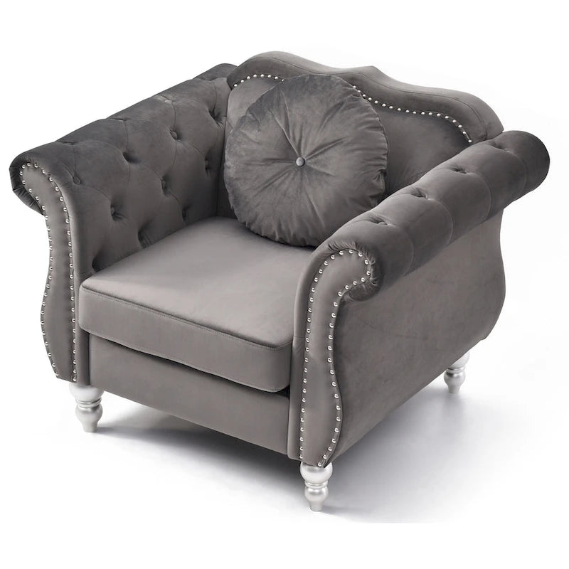 Yuvarlak dekoratif yastıklı Hollywood Chesterfield düğme kapitone kadife vurgulu sandalye - 39L x 35W x 34H