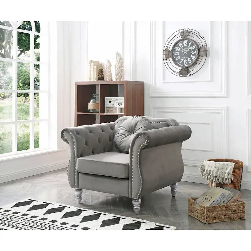 Yuvarlak dekoratif yastıklı Hollywood Chesterfield düğme kapitone kadife vurgulu sandalye - 39L x 35W x 34H
