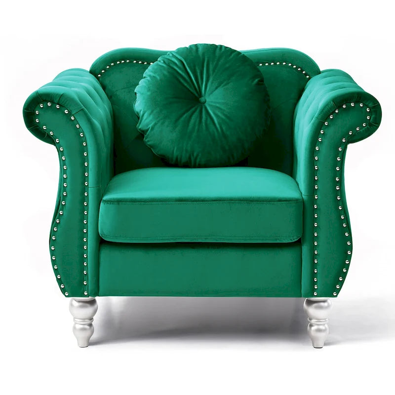 Yuvarlak dekoratif yastıklı Hollywood Chesterfield düğme kapitone kadife vurgulu sandalye - 39L x 35W x 34H