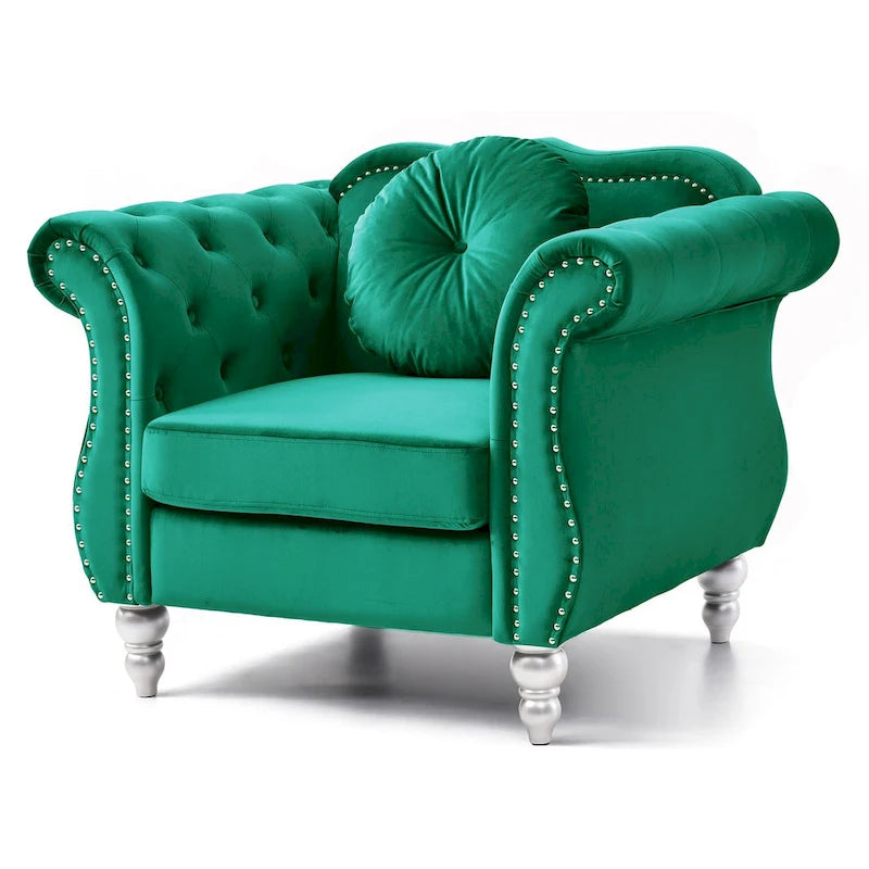 Yuvarlak dekoratif yastıklı Hollywood Chesterfield düğme kapitone kadife vurgulu sandalye - 39L x 35W x 34H