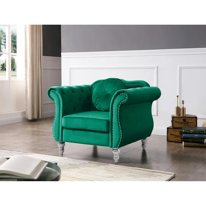 Yuvarlak dekoratif yastıklı Hollywood Chesterfield düğme kapitone kadife vurgulu sandalye - 39L x 35W x 34H