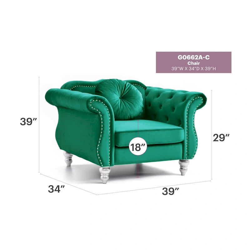 Yuvarlak dekoratif yastıklı Hollywood Chesterfield düğme kapitone kadife vurgulu sandalye - 39L x 35W x 34H