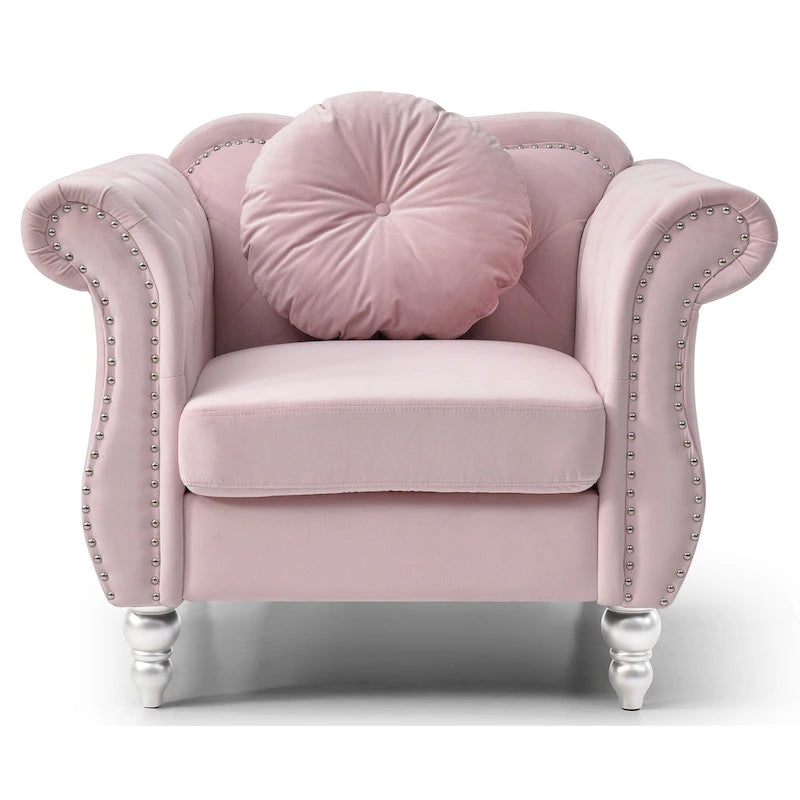 Yuvarlak dekoratif yastıklı Hollywood Chesterfield düğme kapitone kadife vurgulu sandalye - 39L x 35W x 34H