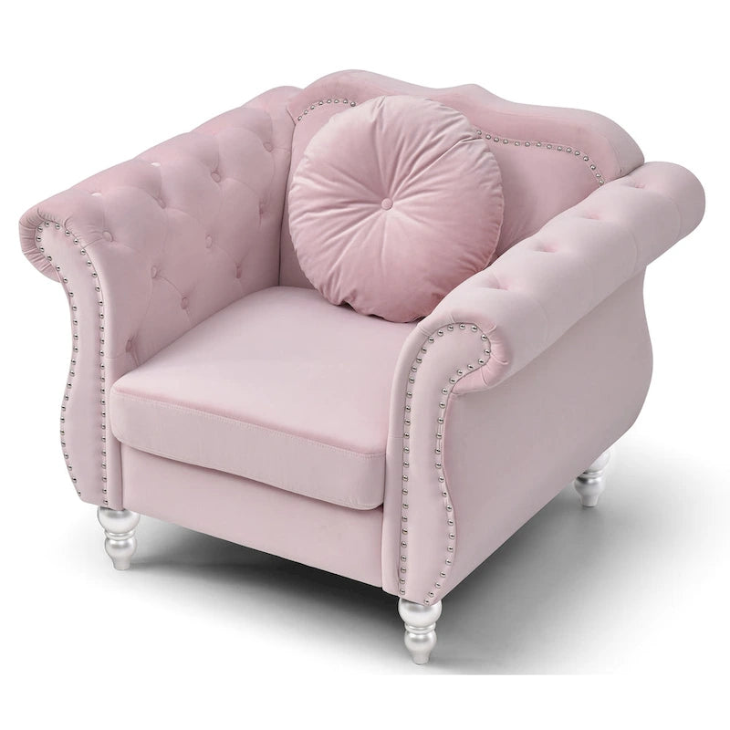 Yuvarlak dekoratif yastıklı Hollywood Chesterfield düğme kapitone kadife vurgulu sandalye - 39L x 35W x 34H
