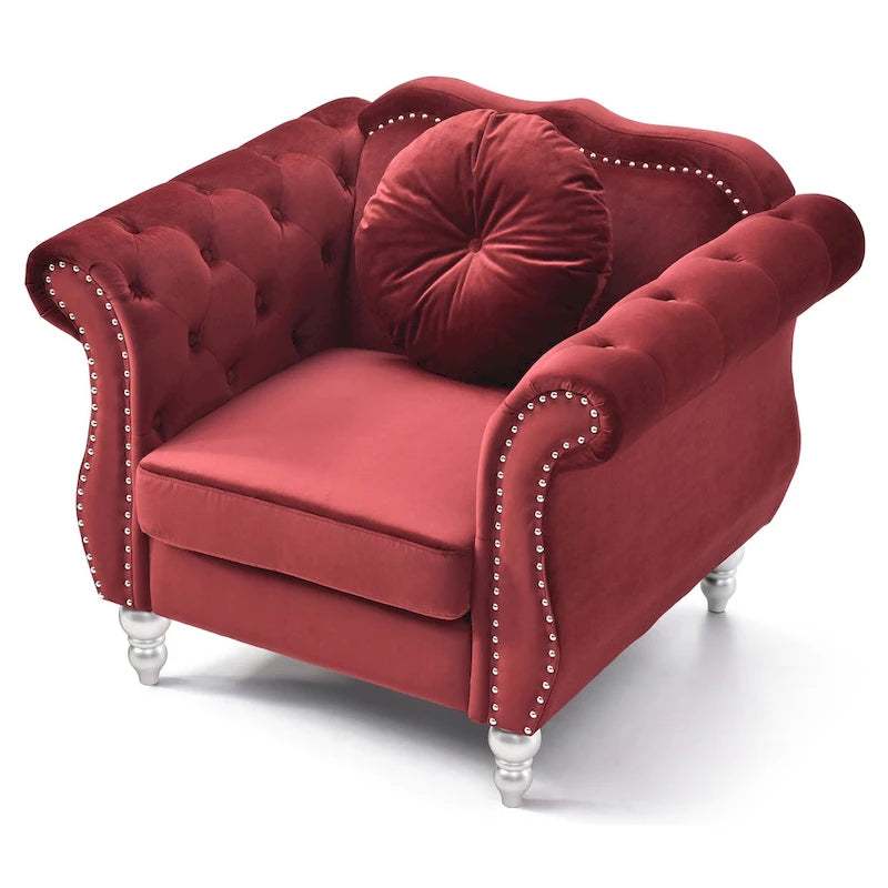 Yuvarlak dekoratif yastıklı Hollywood Chesterfield düğme kapitone kadife vurgulu sandalye - 39L x 35W x 34H