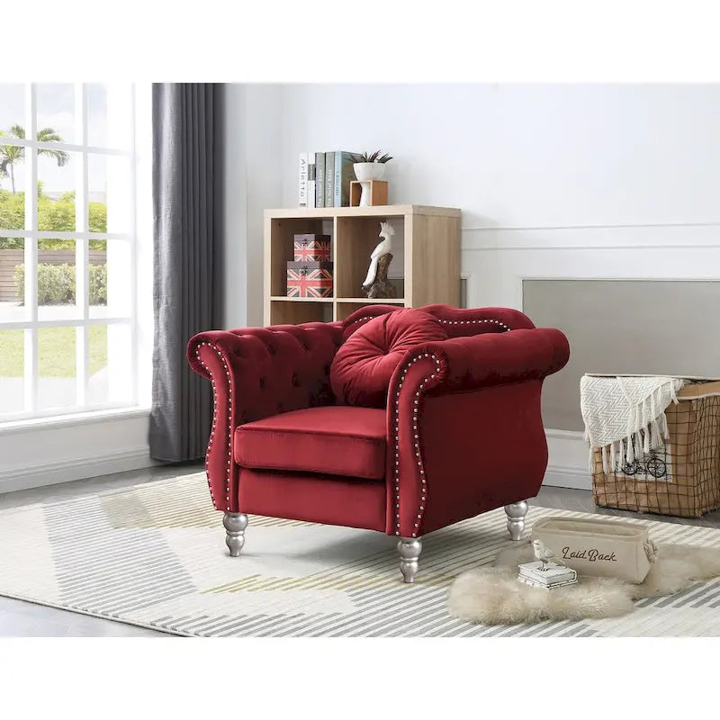 Yuvarlak dekoratif yastıklı Hollywood Chesterfield düğme kapitone kadife vurgulu sandalye - 39L x 35W x 34H