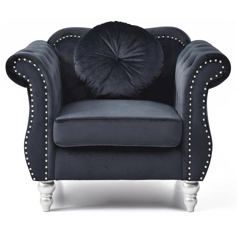 Yuvarlak dekoratif yastıklı Hollywood Chesterfield düğme kapitone kadife vurgulu sandalye - 39L x 35W x 34H
