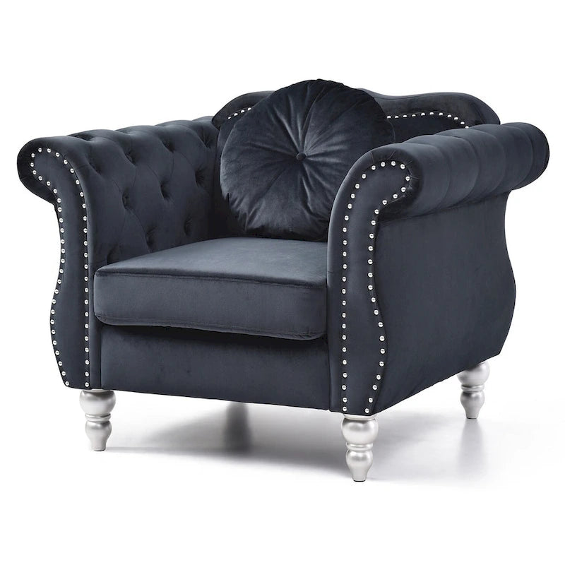 Yuvarlak dekoratif yastıklı Hollywood Chesterfield düğme kapitone kadife vurgulu sandalye - 39L x 35W x 34H