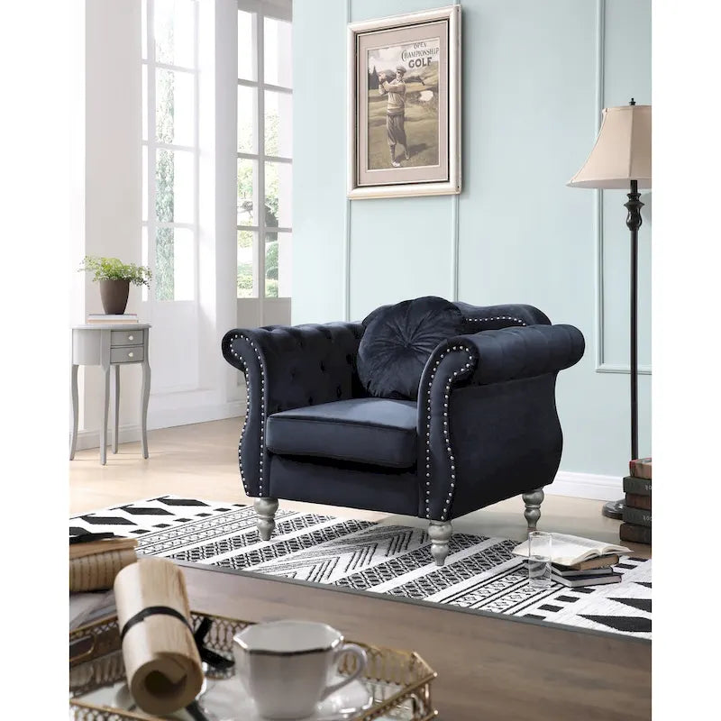 Yuvarlak dekoratif yastıklı Hollywood Chesterfield düğme kapitone kadife vurgulu sandalye - 39L x 35W x 34H