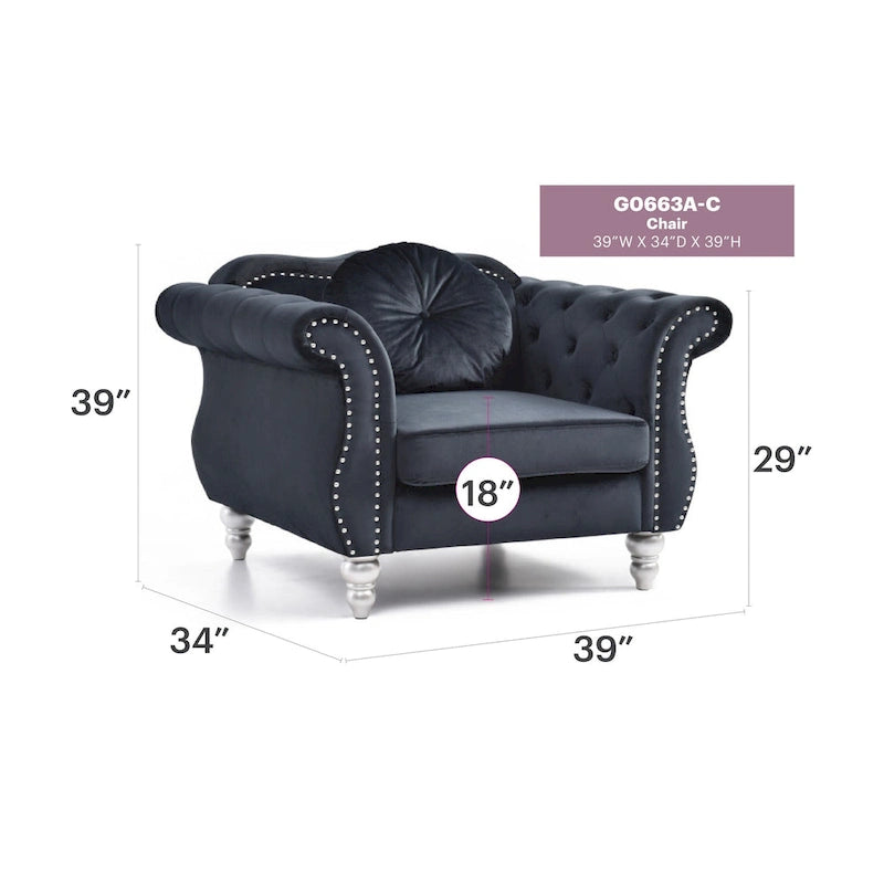 Yuvarlak dekoratif yastıklı Hollywood Chesterfield düğme kapitone kadife vurgulu sandalye - 39L x 35W x 34H