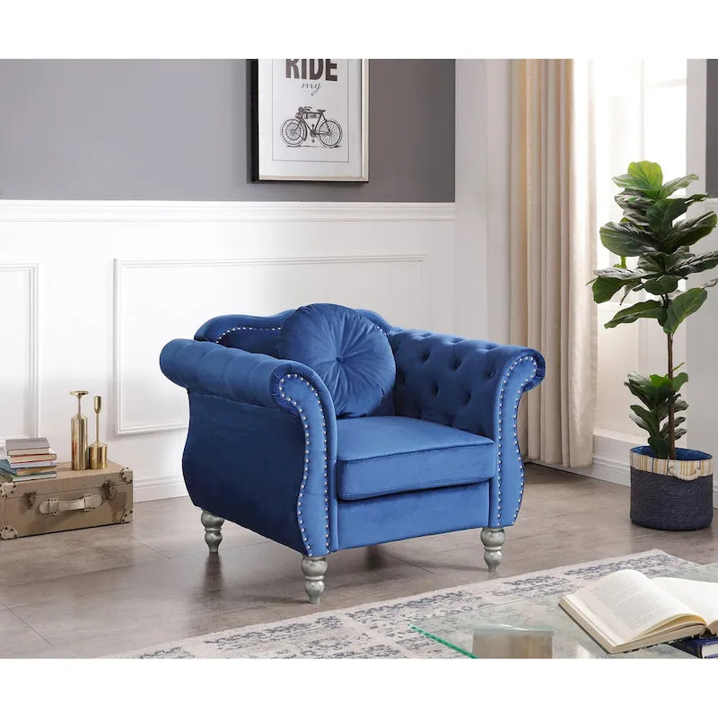 Yuvarlak dekoratif yastıklı Hollywood Chesterfield düğme kapitone kadife vurgulu sandalye - 39L x 35W x 34H
