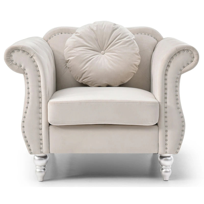Yuvarlak dekoratif yastıklı Hollywood Chesterfield düğme kapitone kadife vurgulu sandalye - 39L x 35W x 34H