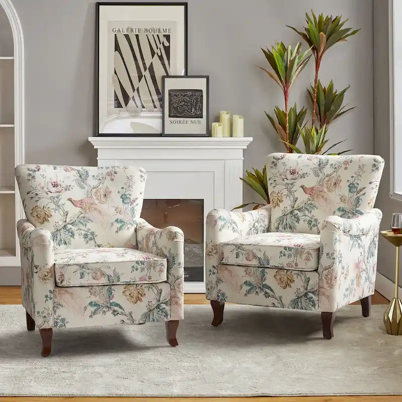 Juego de 2 sillones tapizados modernos con estampado floral y diseño con respaldo alto y alas Samouel, de HULALA HOME