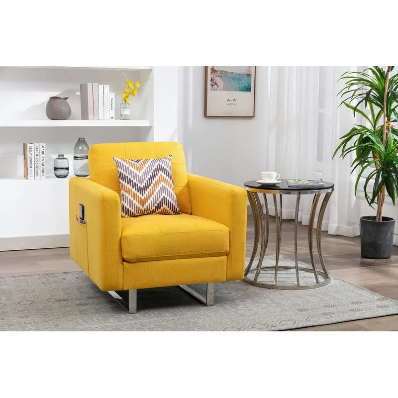 Linen Fabric Armchair with Metal Legs, Side Pockets, and Pillow
