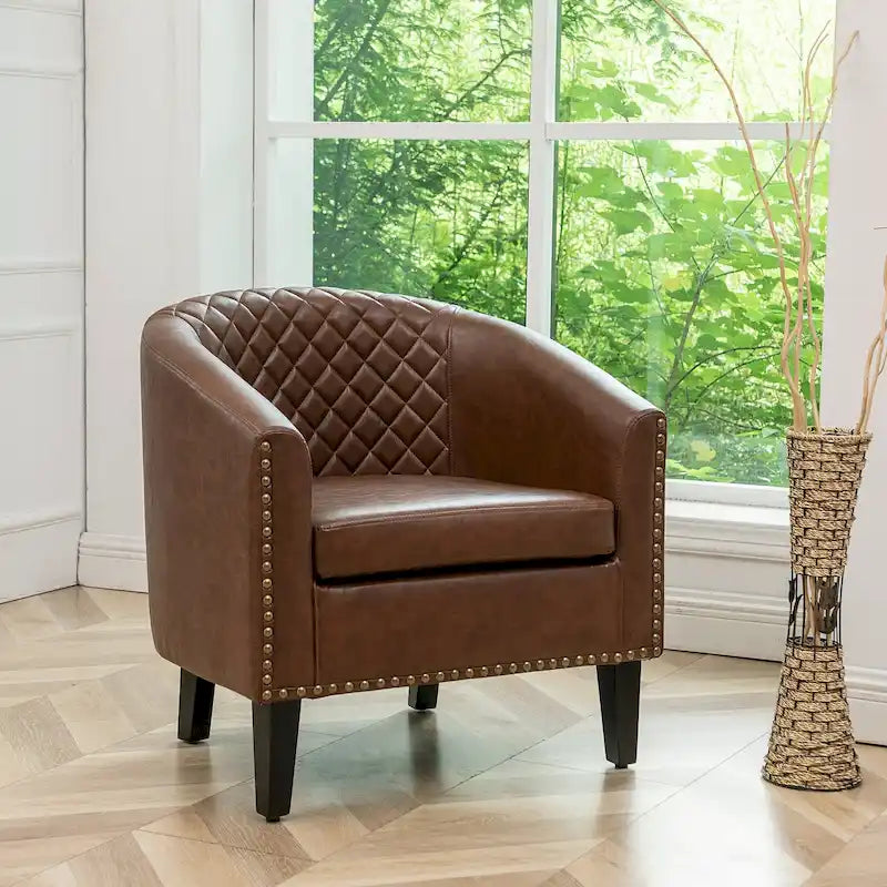 KINWELL PU-leren gestoffeerde kuipfauteuil in clubstijl met sierspijkers