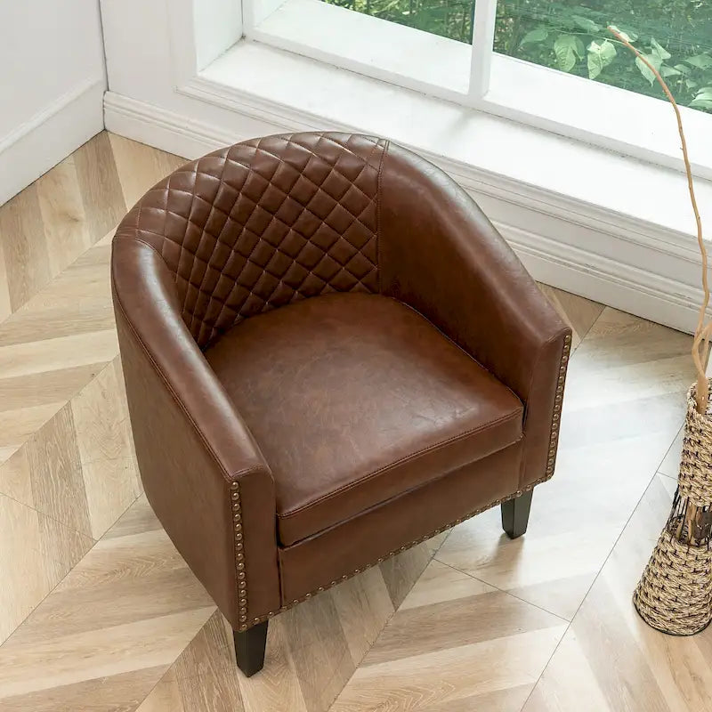 KINWELL PU-leren gestoffeerde kuipfauteuil in clubstijl met sierspijkers