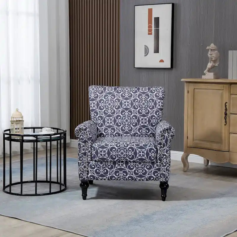 Mid-Century Modern Accent Chair, Linen Armchair w/Tufted Back/Wood Legs