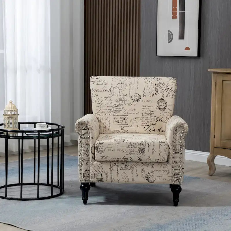 Mid-Century Modern Accent Chair, Linen Armchair w/Tufted Back/Wood Legs
