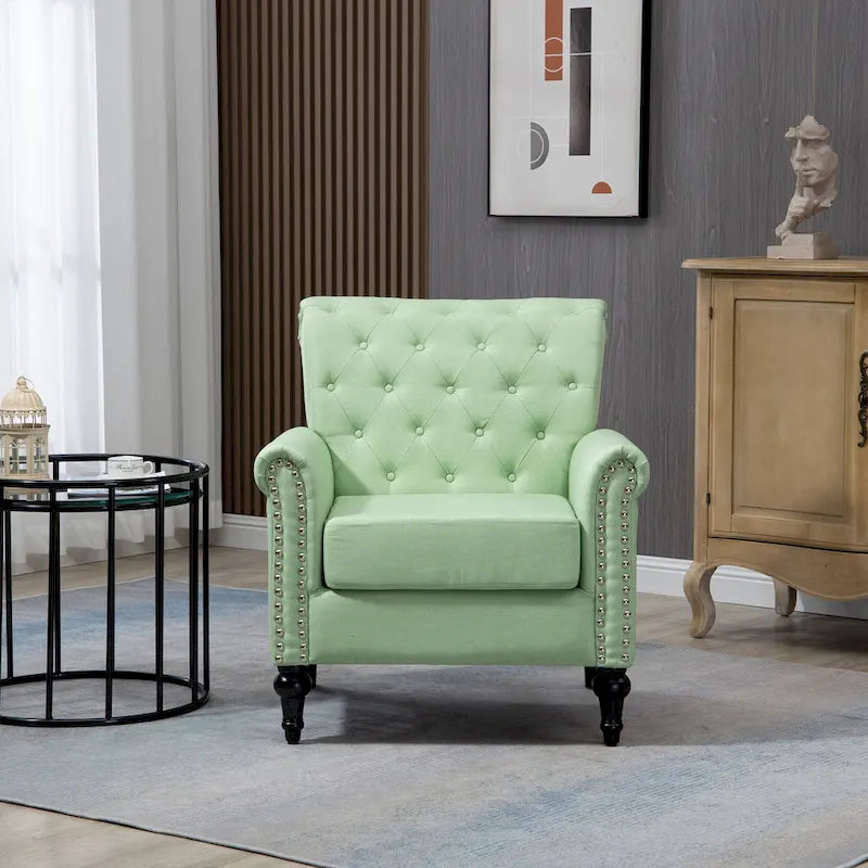 Mid-Century Modern Accent Chair, Linen Armchair w/Tufted Back/Wood Legs