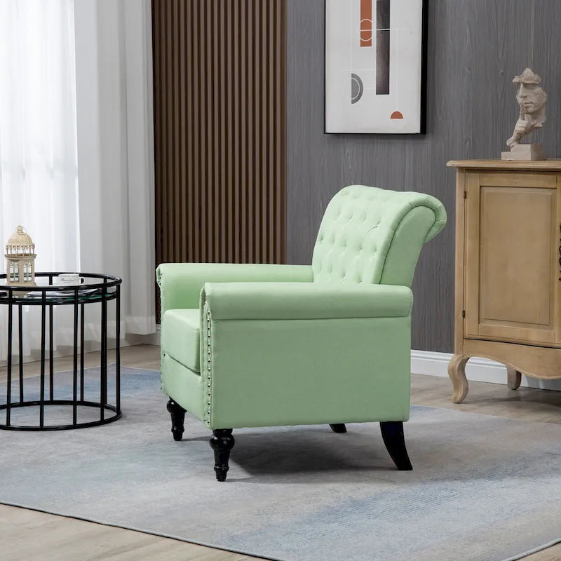 Mid-Century Modern Accent Chair, Linen Armchair w/Tufted Back/Wood Legs