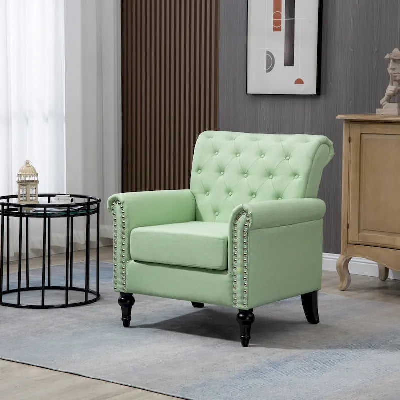 Mid-Century Modern Accent Chair, Linen Armchair w/Tufted Back/Wood Legs