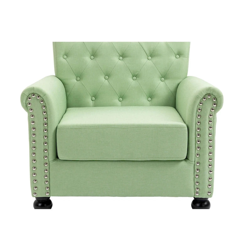 Mid-Century Modern Accent Chair, Linen Armchair w/Tufted Back/Wood Legs