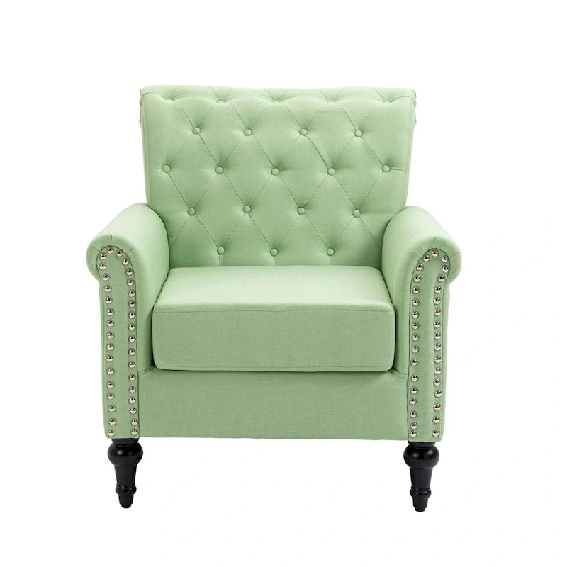 Mid-Century Modern Accent Chair, Linen Armchair w/Tufted Back/Wood Legs