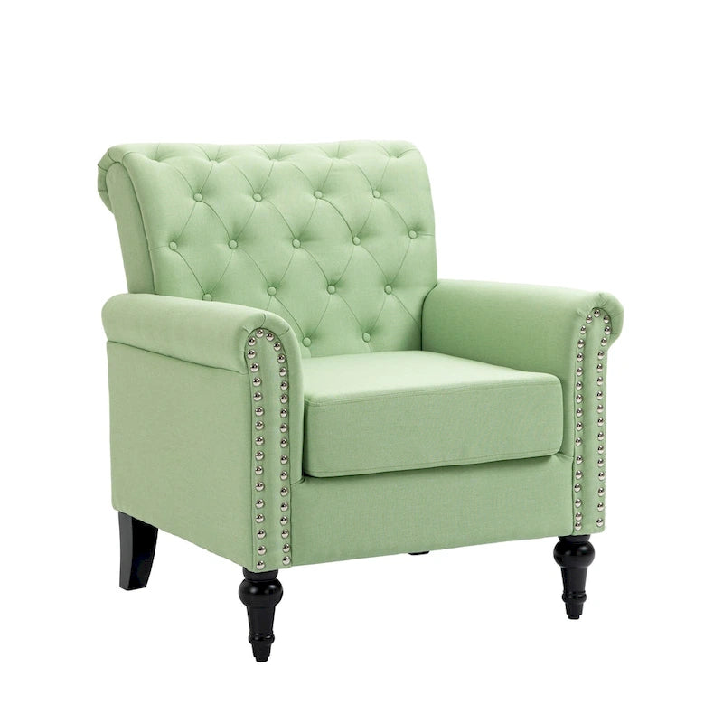 Mid-Century Modern Accent Chair, Linen Armchair w/Tufted Back/Wood Legs