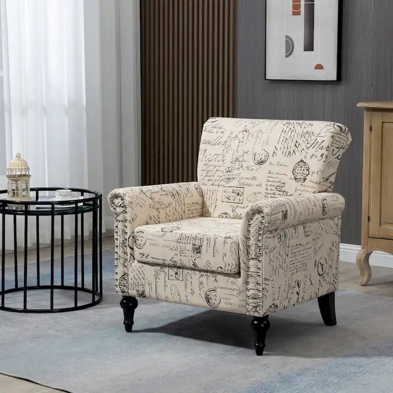 Mid-Century Modern Accent Chair, Linen Armchair w/Tufted Back/Wood Legs