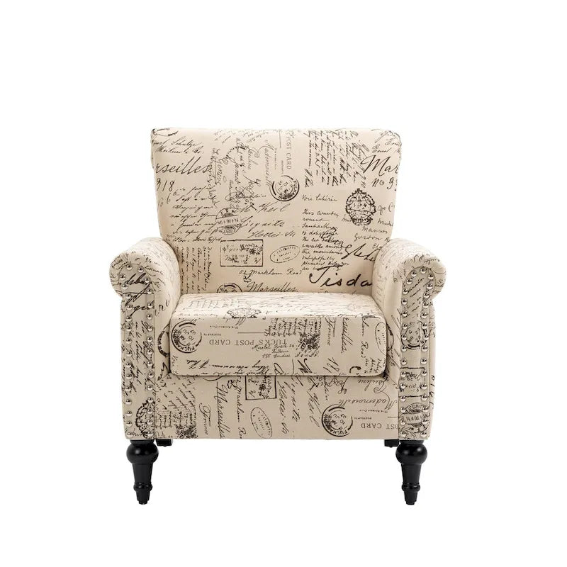 Mid-Century Modern Accent Chair, Linen Armchair w/Tufted Back/Wood Legs